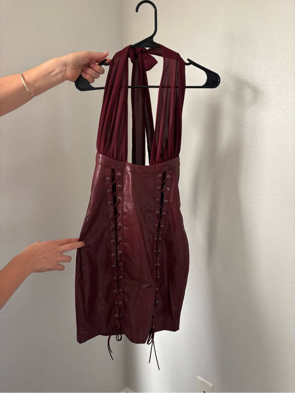Fashion Nova Wine Lace-Up Halter Mini Dress